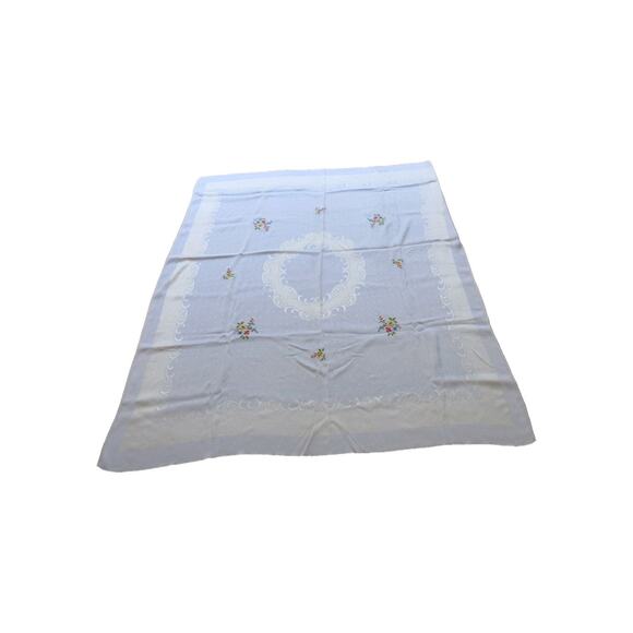 HANDCRAFTED CROSS STITCH White Floral Swiss Dot Tablecloth 53" x 47" - Picture 1 of 7